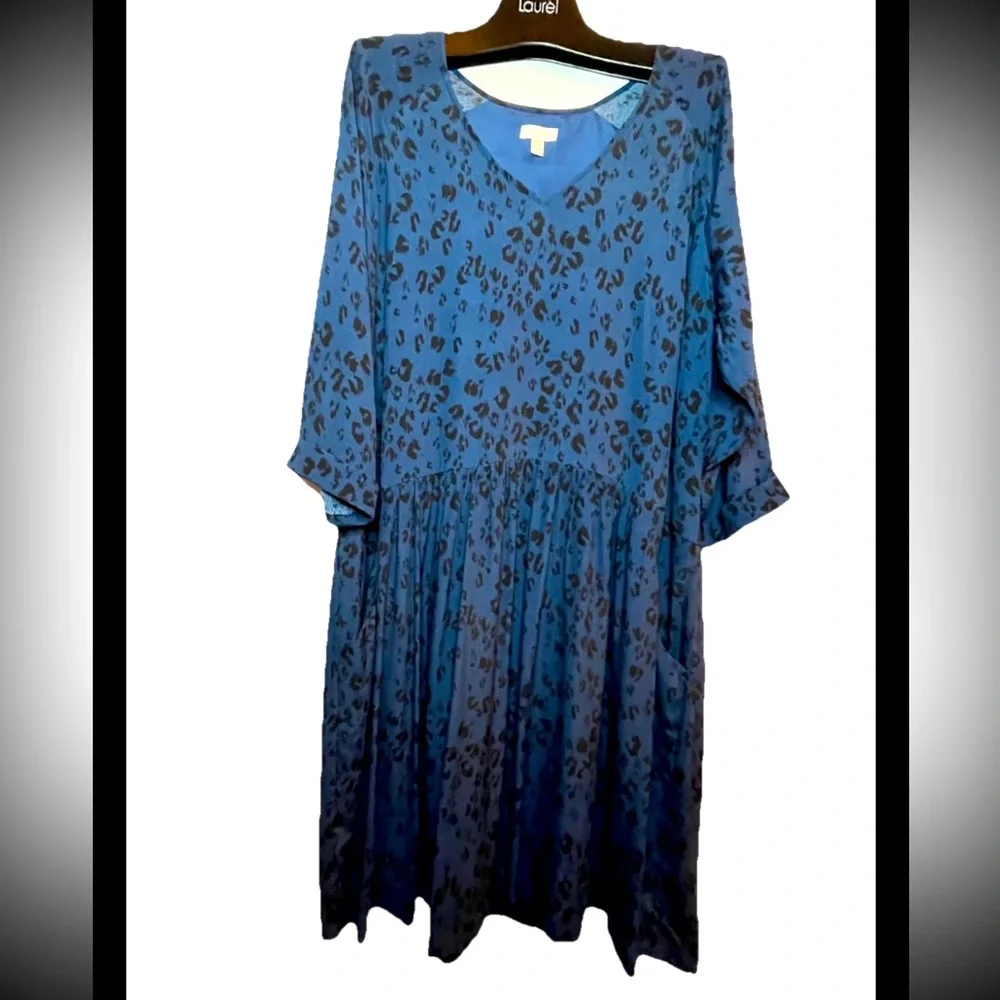 Garnet Hill Women’s Blue Cheetah Animal Print Boho babydoll Dress size 14 - Picture 2 of 8
